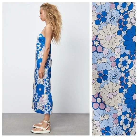 zara blue and cream dress Zara | Dresses | Zara Nwot New Retro Floral Print Satin Tube Midi Dress  Size Extra Small 5 Msrp